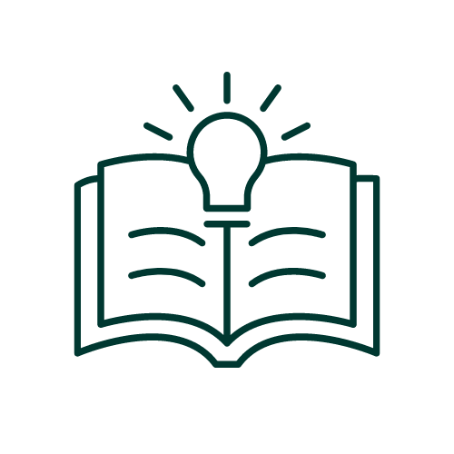 icon of book with lightbulb illuminating in the center